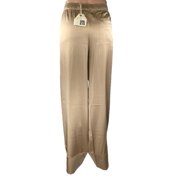 NEW SER.O.YA Tan Beige Silk Satin High Waisted Wide Leg Trousers Pants Size L - Picture 3 of 6
